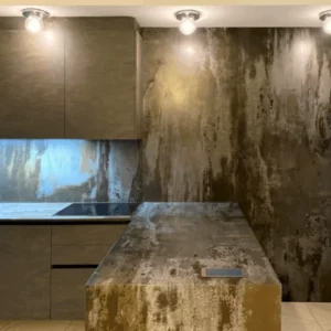 Столешница Dekton Trilium, облицовка фасада кухни керамикой Dekton Trilium, фартук из керамики Dekton. Облицовка стены керамикой Dekton Trilium.