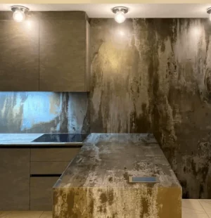 Столешница Dekton Trilium, облицовка фасада кухни керамикой Dekton Trilium, фартук из керамики Dekton. Облицовка стены керамикой Dekton Trilium.
